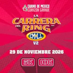 Corredores participando en la 2a Carrera del Ring 2026 en la Ciudad de México, evento temático inspirado en la lucha libre mexicana.