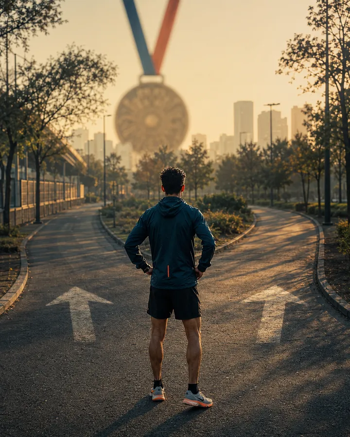 corredor observando varias medallas colgadas, mientras al fondo se ve una ruta de carrera