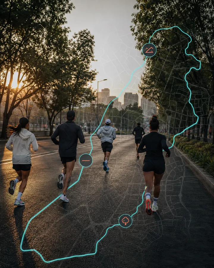 corredor observando varias medallas colgadas, mientras al fondo se ve una ruta de carrera